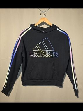 adidas Black Hoodie with Rainbow Logo and Stripes